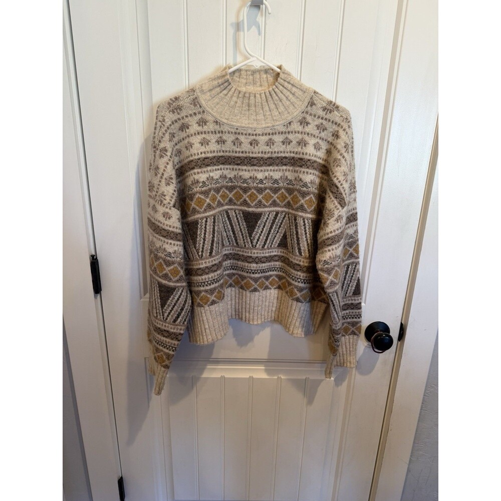 Marled Sweater Women’s Large Fairisle Mock Neck Beige Brown Wool Blend Pullover